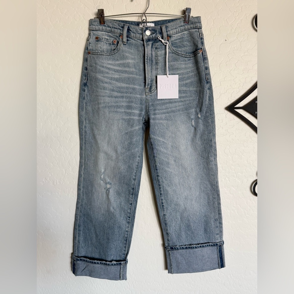 PISTOLA Cassie Light Blue Cuffed Cropped High-Rise Straight Jeans - NEW - 26 - Picture 2 of 6